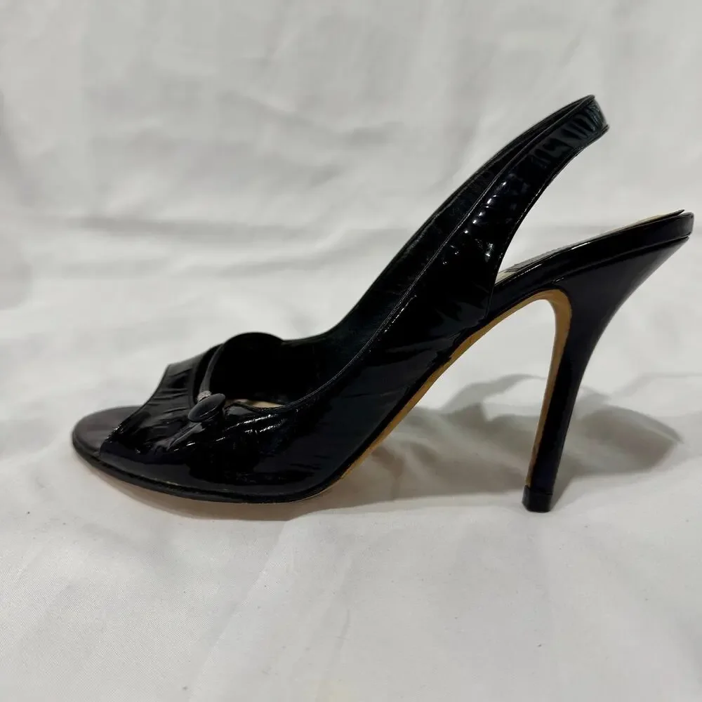 Christian Dior Black Patent Leather Peep Toe Slingback Heel Single Shoe 38.5